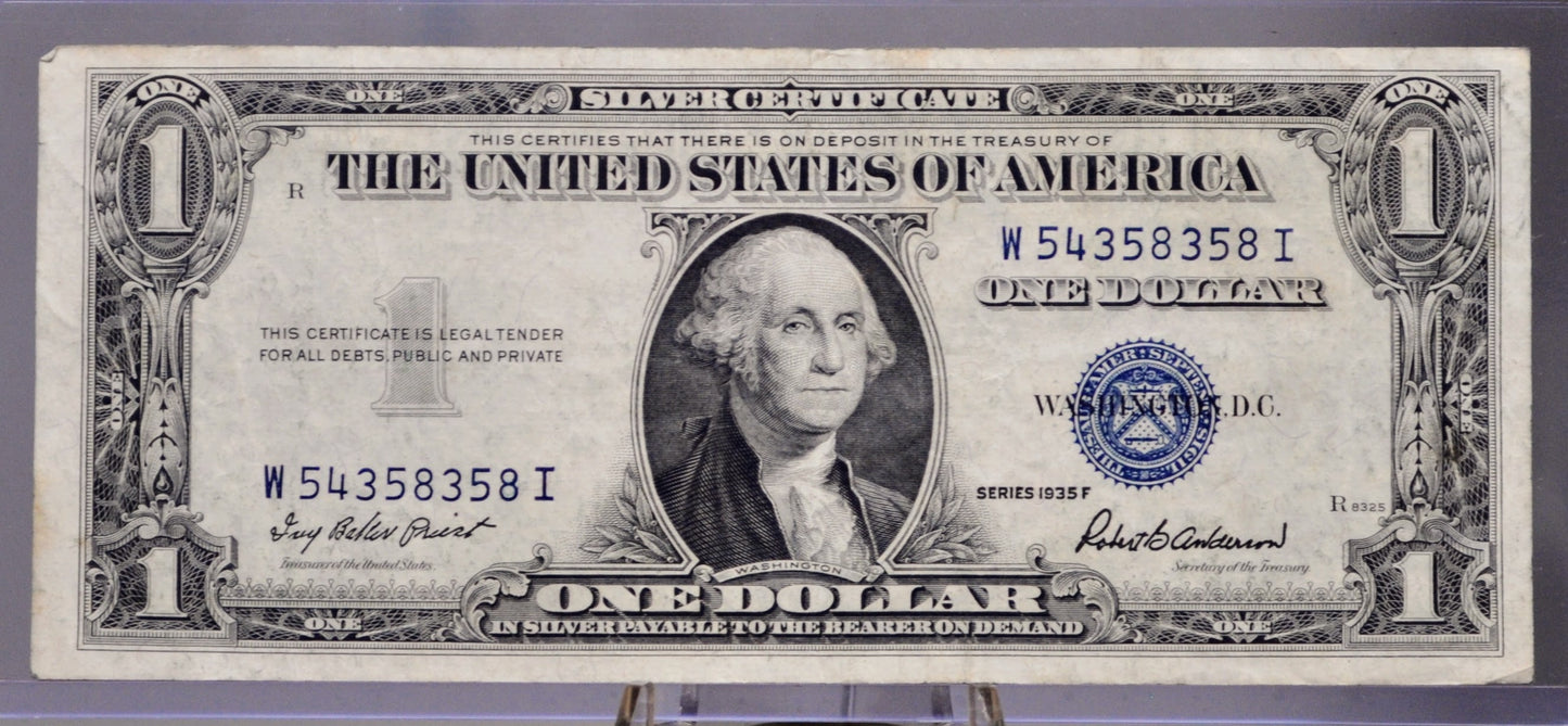 1935 F Silver Certificate 1 Dollar Banknote - Fancy Pattern Serial Number - 1935F Blue Seal Silver Cert Fancy Serial Note - Fr. 1615