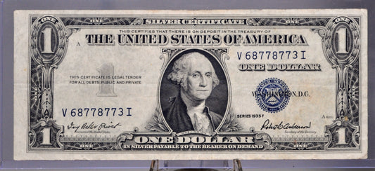 1935 F Silver Certificate 1 Dollar Banknote - Fancy Pattern Serial Number - 1935F Blue Seal Silver Cert Fancy Serial Note - Fr. 1615