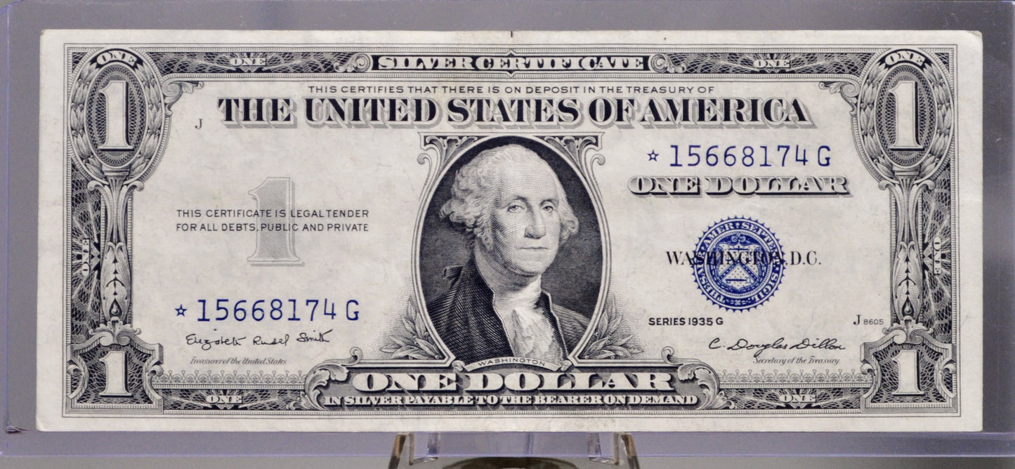 1935 G Silver Certificate 1 Dollar STAR Note - Almost Uncirculated (AU) - No Motto Reverse - Rarer 1935G Blue Seal Star Note - Fr#1616*