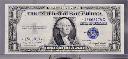 1935 G Silver Certificate 1 Dollar STAR Note - Almost Uncirculated (AU) - No Motto Reverse - Rarer 1935G Blue Seal Star Note - Fr#1616*