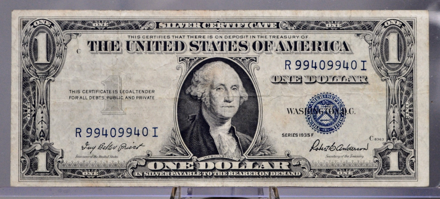 1935 F Silver Certificate 1 Dollar Banknote - Fancy Radar Serial Number - 1935F Blue Seal Silver Cert Fancy Serial Note - Fr. 1615