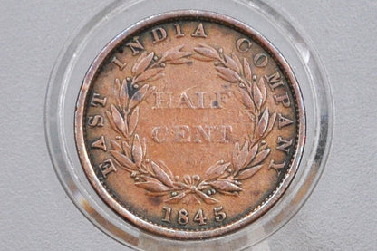 1845 British Straits Settlements 1/2 Cent - Great Condition - East India Company 1/2 Penny 1845