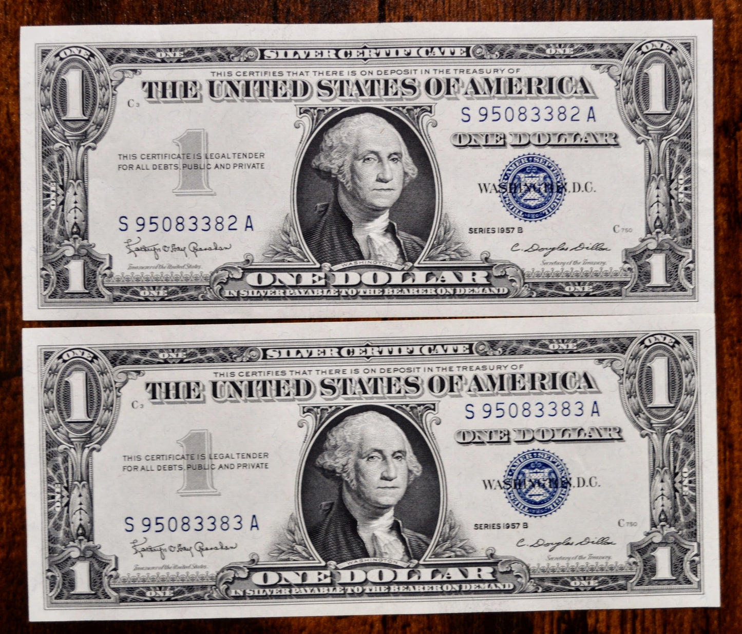 1957 B Silver Certificate 1 Dollar Notes Pair - Consecutive Serial Numbers - 1957B One Dollar Set of 2 Sequential Banknotes - Fr#1621