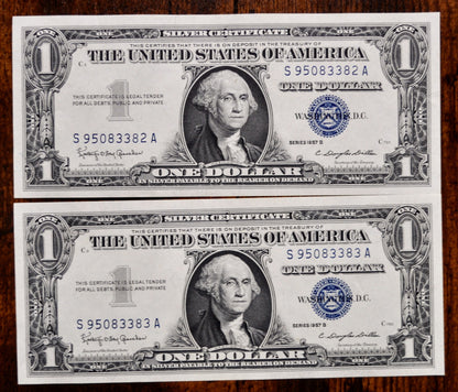1957 B Silver Certificate 1 Dollar Notes Pair - Consecutive Serial Numbers - 1957B One Dollar Set of 2 Sequential Banknotes - Fr#1621