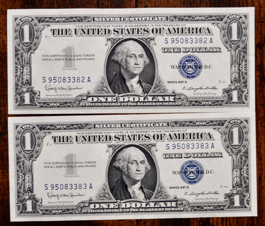 1957 B Silver Certificate 1 Dollar Notes Pair - Consecutive Serial Numbers - 1957B One Dollar Set of 2 Sequential Banknotes - Fr#1621