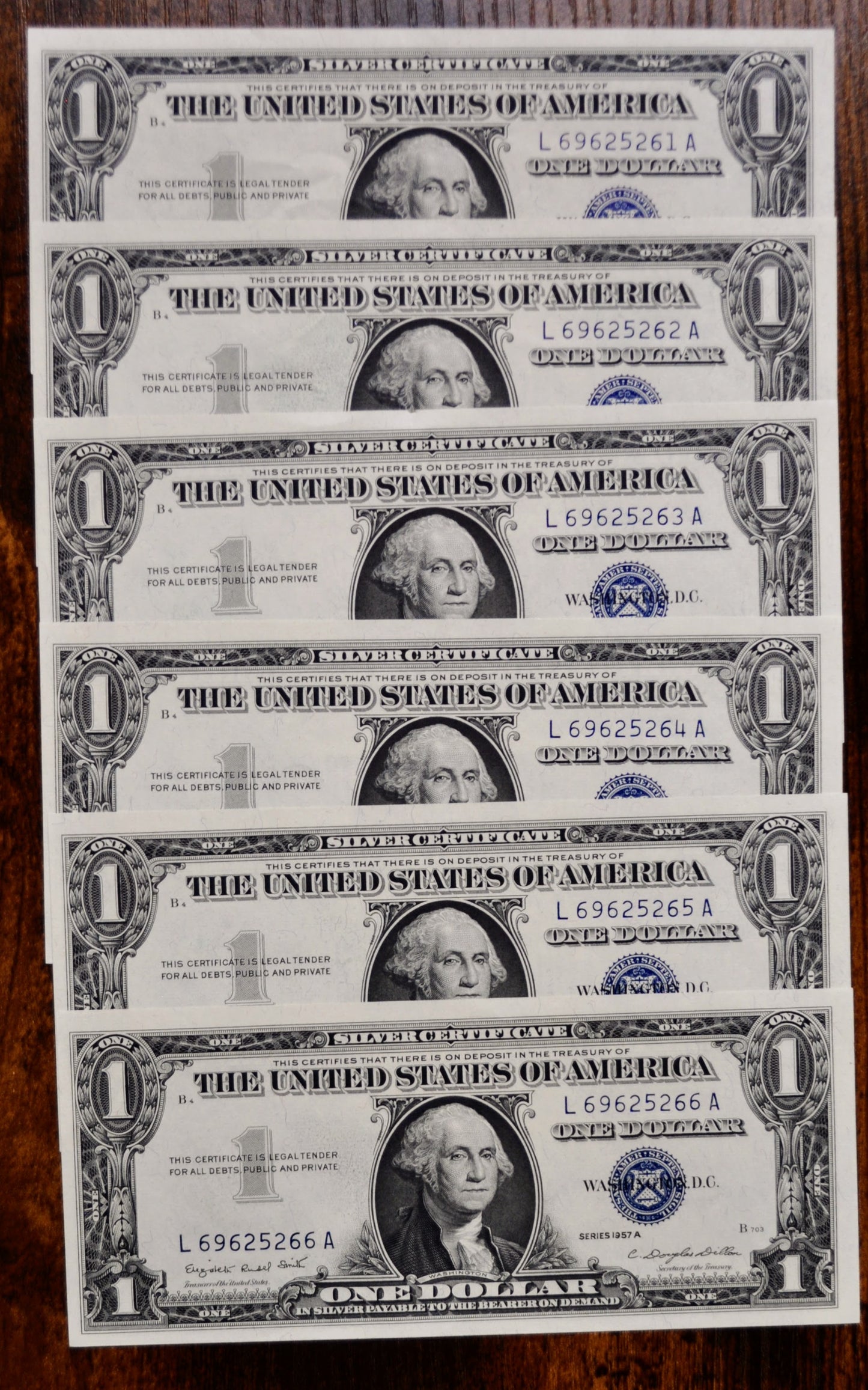 1957 A Silver Certificate 1 Dollar Notes Set - Uncirculated (UNC) - Set of 6 Consecutive Serial Notes - 1957A One Dollar Set - Fr#1620