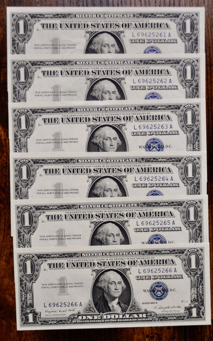 1957 A Silver Certificate 1 Dollar Notes Set - Uncirculated (UNC) - Set of 6 Consecutive Serial Notes - 1957A One Dollar Set - Fr#1620