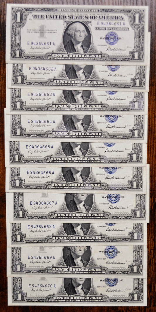 Set of 10 1957 Silver Certificate 1 Dollar Sequential Notes - Consecutive Serial Numbers - 1957 Silver Cert Blue Seal Banknotes - Fr#1619