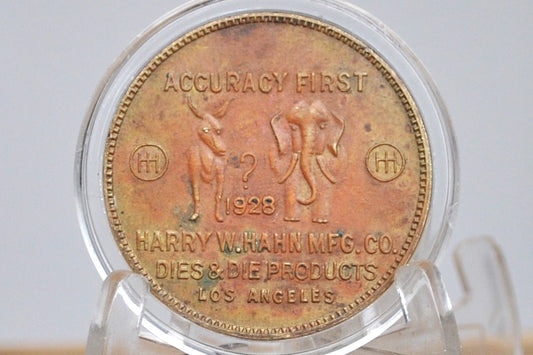 1928 Accuracy First Harry W.Hahn MFG. Co. / Dies and Die Products Los Angeles - Donkey/Elephant 1928 Advertisement Token Featuring Multiple Brands