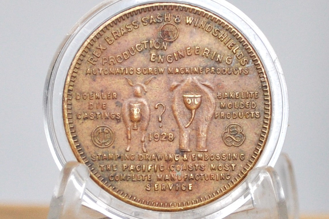 1928 Accuracy First Harry W.Hahn MFG. Co. / Dies and Die Products Los Angeles - Donkey/Elephant 1928 Advertisement Token Featuring Multiple Brands