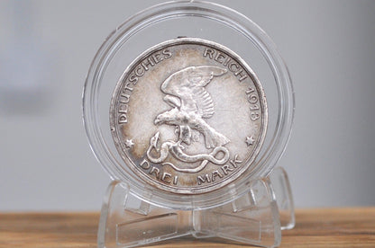 1913 Silver Prussian 3 Mark Commemorative Coin - Great Condition - William II - 100 Year Anniversary of War with Napoleon - WWI Coins -