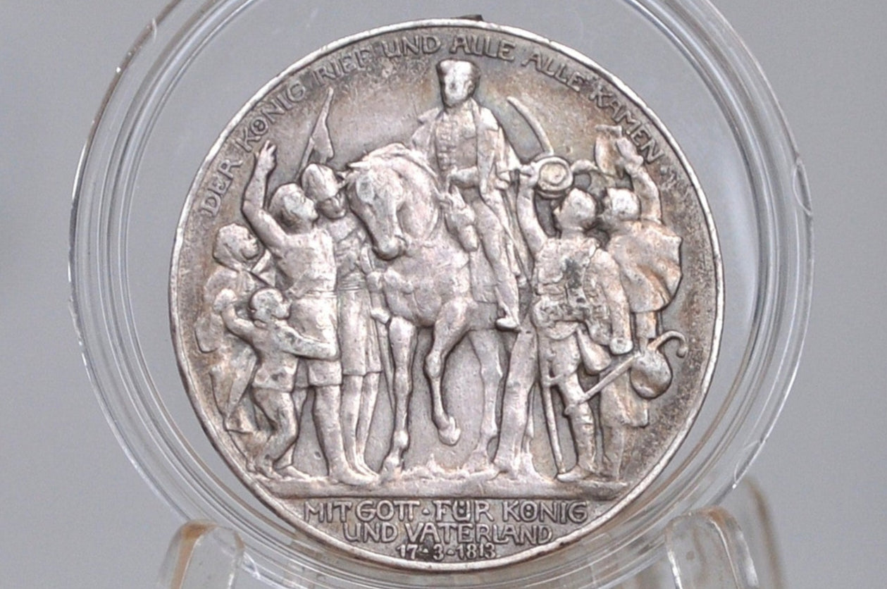 1913 Silver Prussian 3 Mark Commemorative Coin - Great Condition - William II - 100 Year Anniversary of War with Napoleon - WWI Coins -