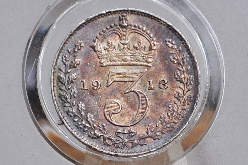 1918 Britain 3 Pence Silver - Uncirculated, Toned - Great Britain Silver Threepence 1918 - George V - Higher Grade