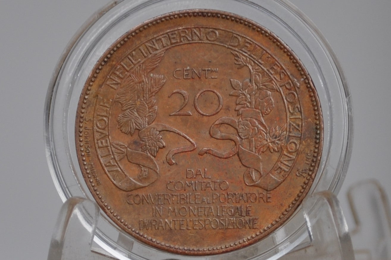 1906 Milan International Exposition Bronze 20 Centesimi Token - 1906 Italy 20 Centesimi Special Issue; Beautiful and Rare Token