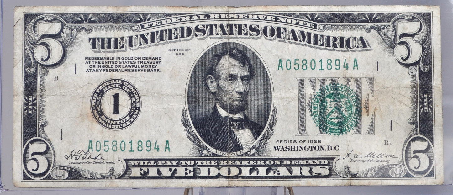 1928 5 Dollar Federal Reserve Note - F+ (Fine-Very Fine) - Boston - Redeemable In Gold - 1928 Five Dollar Bill - Rarer Note, Fr. 1950-A