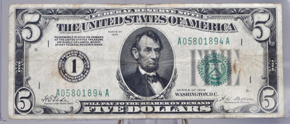 1928 5 Dollar Federal Reserve Note - F+ (Fine-Very Fine) - Boston - Redeemable In Gold - 1928 Five Dollar Bill - Rarer Note, Fr. 1950-A