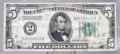 1928-A 5 Dollar Federal Reserve Note - VF (Very Fine) - New York - Redeemable In Gold - 1928 Five Dollar Bill - Rarer Note, Low Issue Number