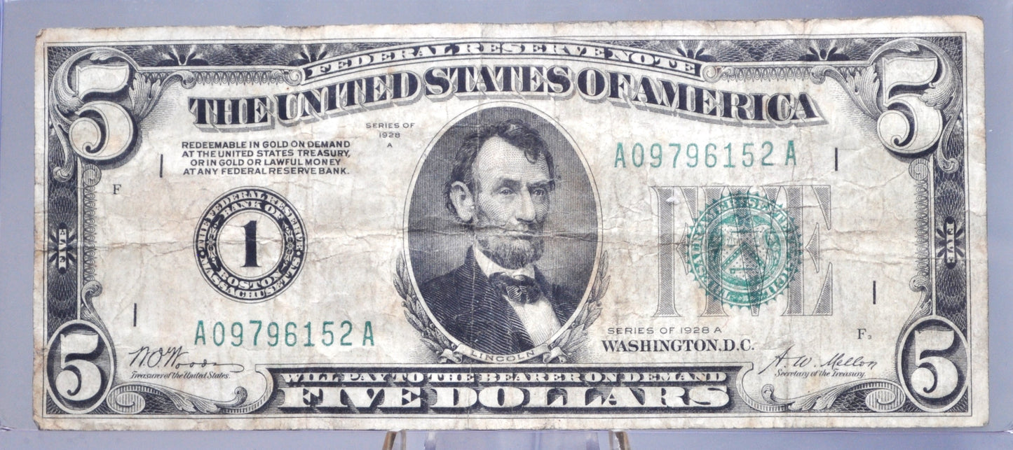 1928-A 5 Dollar Federal Reserve Note - VG/F (Very Good+) - Boston - Redeemable In Gold - 1928 Five Dollar Bill - Rarer Note