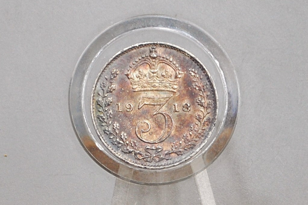 1918 Britain 3 Pence Silver - Uncirculated, Toned - Great Britain Silver Threepence 1918 - George V - Higher Grade