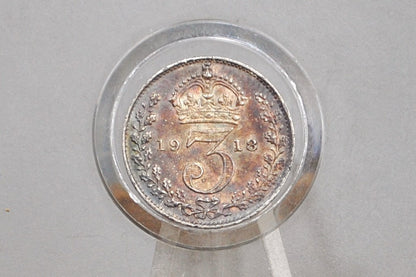 1918 Britain 3 Pence Silver - Uncirculated, Toned - Great Britain Silver Threepence 1918 - George V - Higher Grade