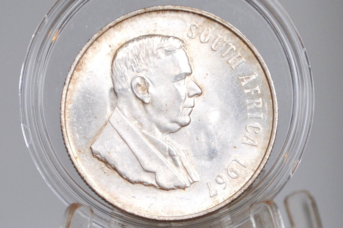 1967 Silver South Africa 1 Rand - Uncirculated Condition - English Legend - Hendrik Verwoerd - Beautiful Coin for a Collection! - Gazelle Coin -