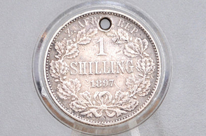 Rare 1897 Silver South Africa 1 Shillings - XF Condition, Holed - Sterling Silver - South Africa Republic Z.A.R. Pond -