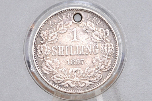 Rare 1897 Silver South Africa 1 Shillings - XF Condition, Holed - Sterling Silver - South Africa Republic Z.A.R. Pond -