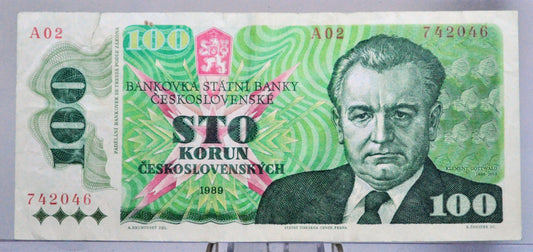 1989 Czechoslovakia 100 Korun Banknote - Short Lived Note - Gottwald Type - 1989 Czechoslovakia State Bank One Hundred Korun Note - P#97