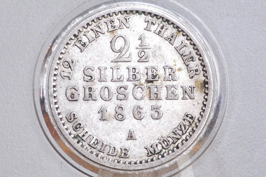 1863 Silver Prussian 2 1/2 Silber Groschen Coin - XF Condition - William I - .375 SIlver -