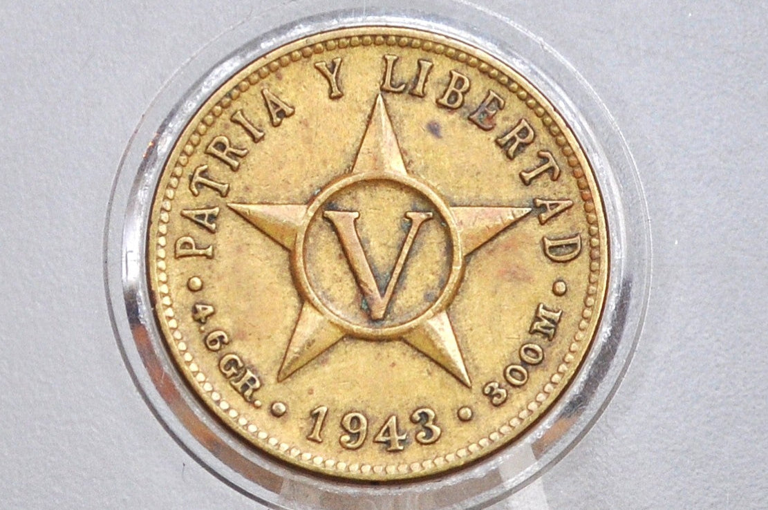 Rarer 1943 Cuba 5 Centavos - AU Condition - First Republic of Cuba - Cuban Coins - Cuba Cinco Centavos -