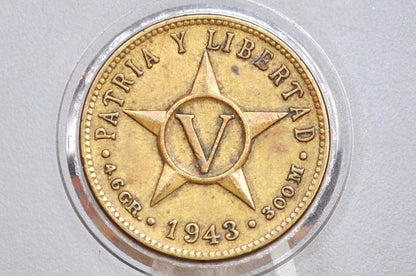 Rarer 1943 Cuba 5 Centavos - AU Condition - First Republic of Cuba - Cuban Coins - Cuba Cinco Centavos -
