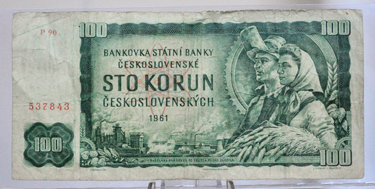 1961 Czechoslovakia 100 Korun Banknote - Star in Leaf Watermark - Dry Printing Type - 1961 Czechoslovakia One Hundred Korun Note - P#91b