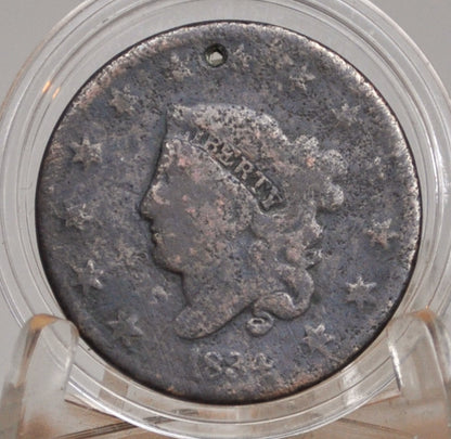 1834 Matron Head Liberty Head Large Cent Small 8, Large Stars, Medium Letters AG/G Holed for Jewelry