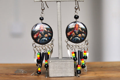 Amazing Native American Charm Earrings - Dreamcatcher Earrings - Sacred Buffalo - Rastafari Colors