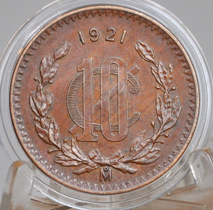 1921 Mexico 10 Centavos with Die Cracks Die Blob and Rim Doubling High AU Large Copper