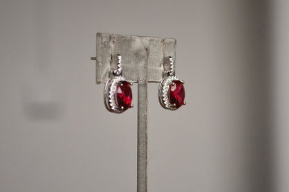 Stunning Sterling Silver Cubic Zirconia Ruby Earrings - Stamped 925 - Pin Earrings
