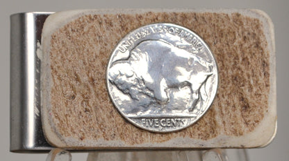 Vintage Buffalo Nickel on Moose Antler Money Clip With Stainless Steel Backing