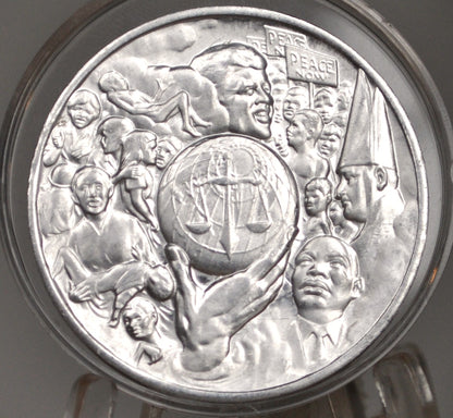 1970s Peace Now Medal - Peace Now Medal Featuring Peace in 7 Languages - Peace Now Medal featuring A globe with the Scales of justice and MLK and JFK