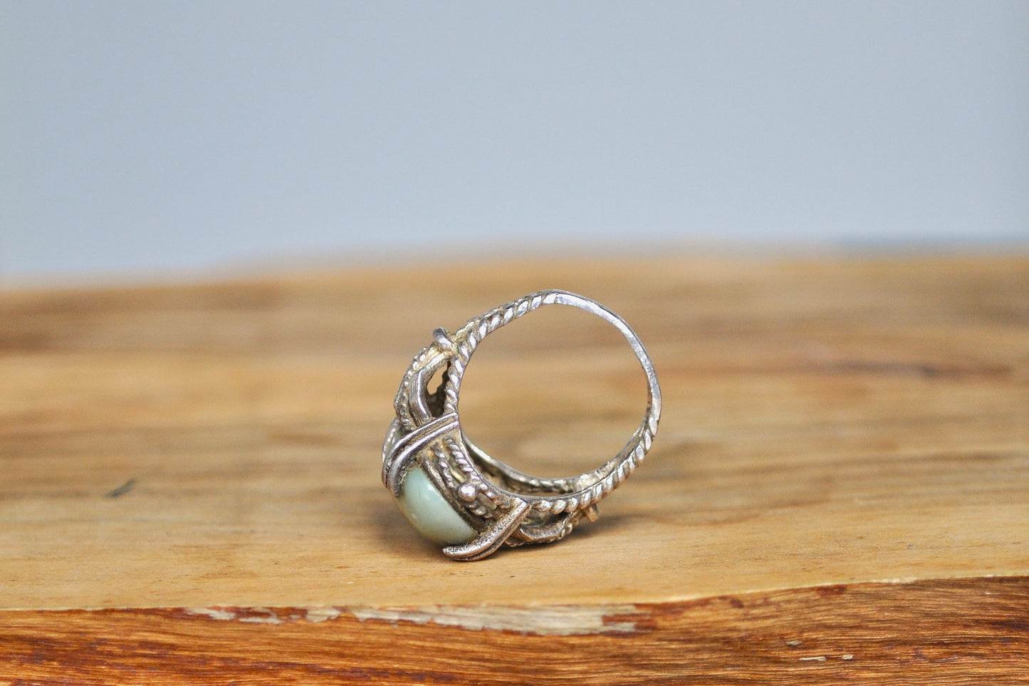 Rare Sterling Silver Milky Jade Coiled Design Ring - Size 5 - Reshaped to Fit Regularly - Stamped Sterling