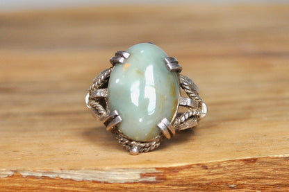 Rare Sterling Silver Milky Jade Coiled Design Ring - Size 5 - Reshaped to Fit Regularly - Stamped Sterling