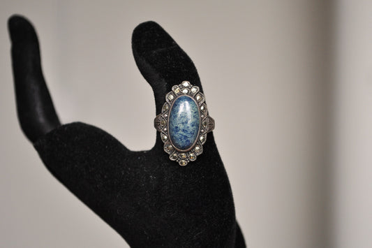 Rare Uncus Sterling Silver Blue Apatite Studded Oval Dome Ring - Size 7 - Stamped Sterling - Native American Design