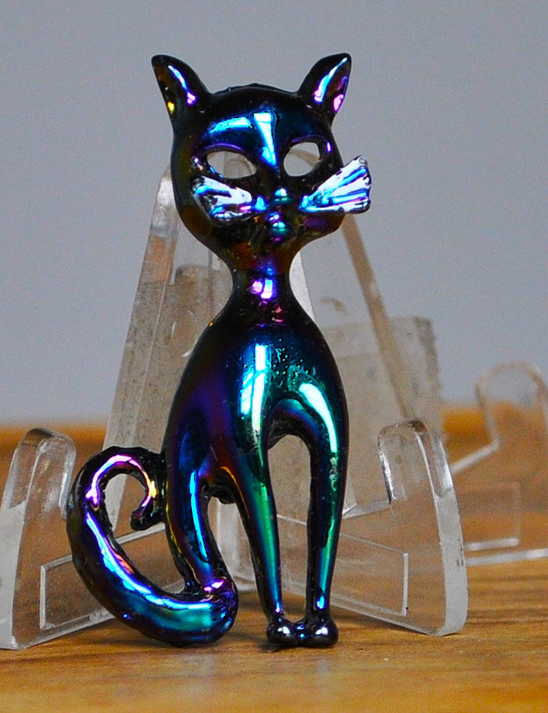 Vintage 70's Iridescent Chromatic Black Enamel Sitting Cat Pin