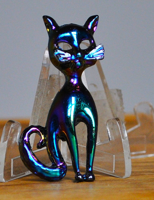 Vintage 70's Iridescent Chromatic Black Enamel Sitting Cat Pin