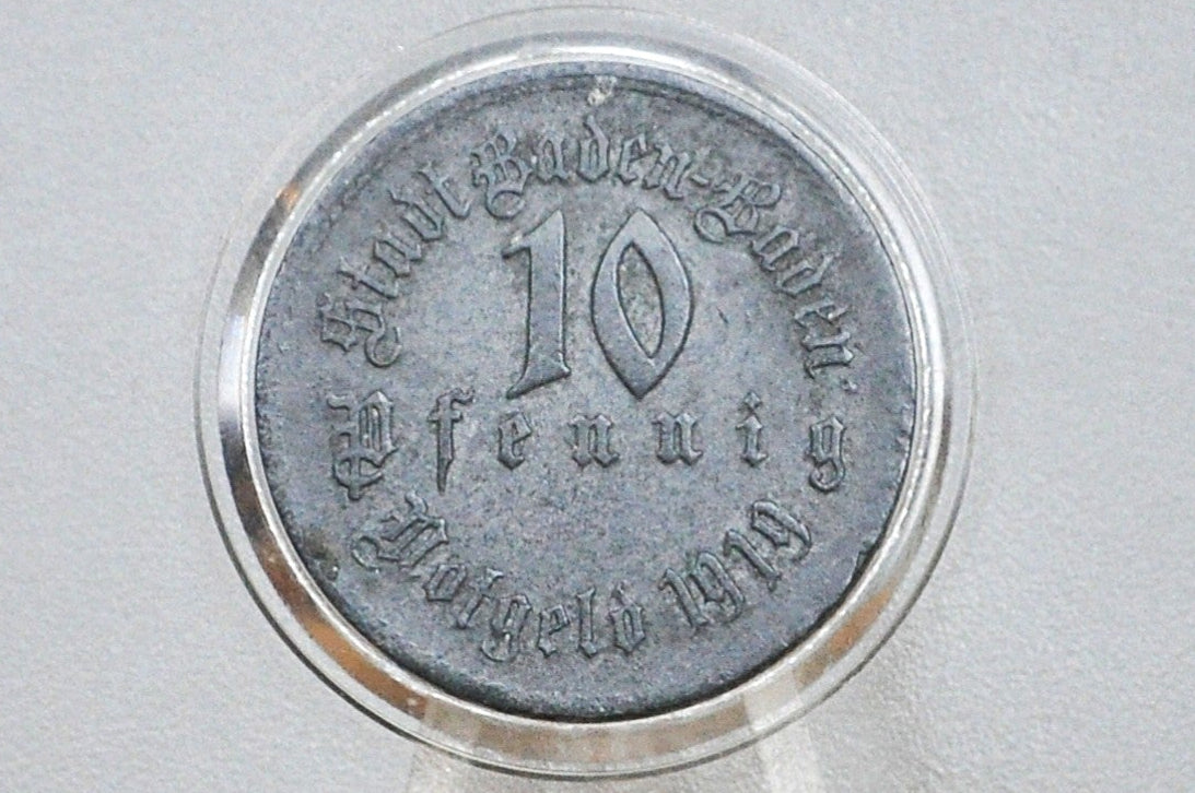 Rare 1919 Stadt-Baden-Baden Prussian Rhine 10 Pfennig  - Great Condition - Emergency Coinage - Notgeld - German Weimar Republic -