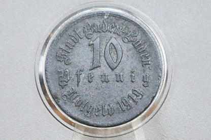 Rare 1919 Stadt-Baden-Baden Prussian Rhine 10 Pfennig  - Great Condition - Emergency Coinage - Notgeld - German Weimar Republic -