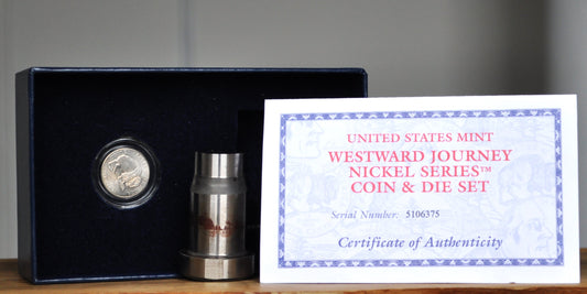 2005 United States Mint Jefferson Westward Journey Die and Nickel Set - Denver Mint, Philadelphia Mint - 2005 Bison Nickel Proof - Set with Certificate and Serial Code -