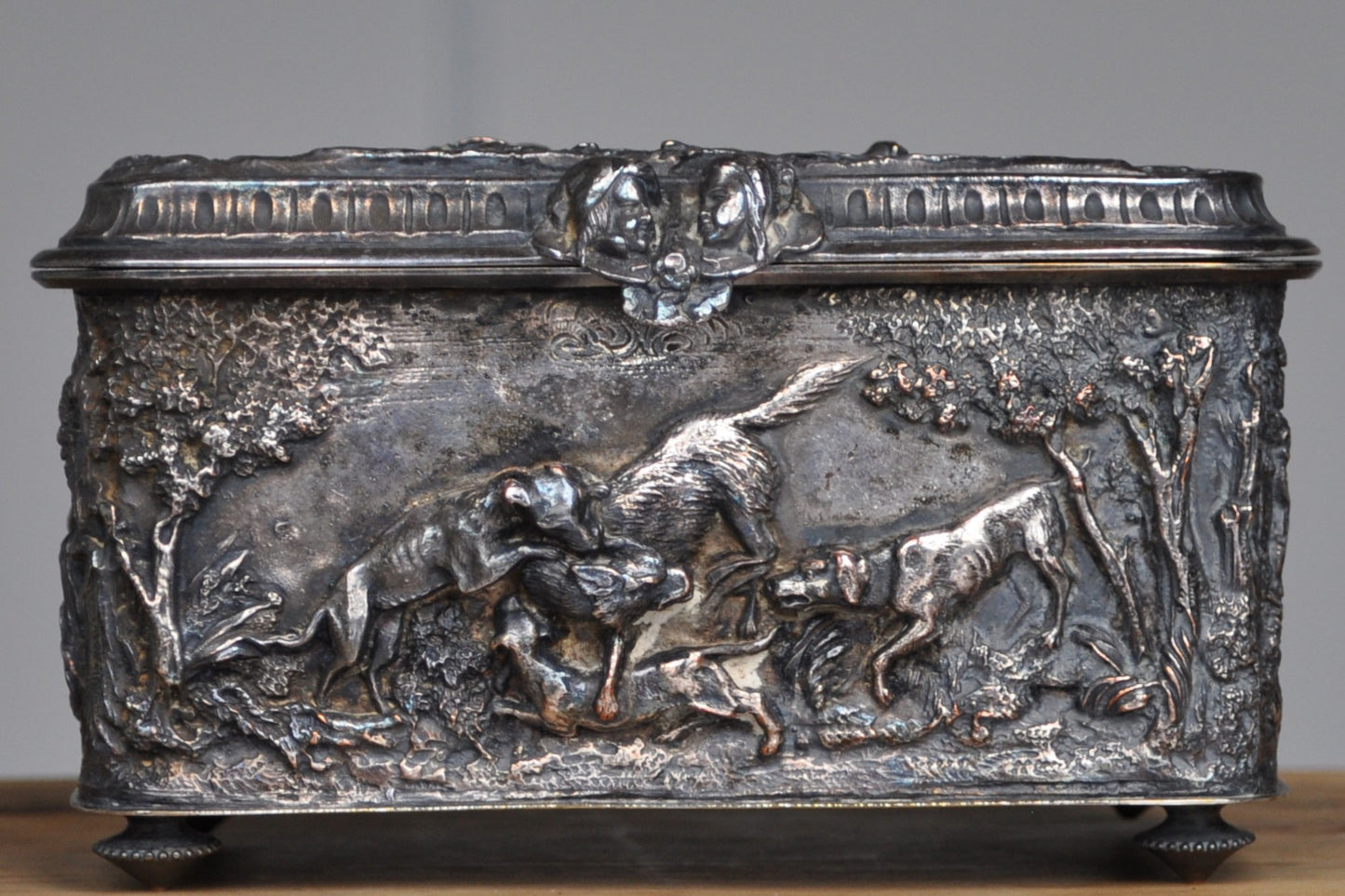 Antique Silverplated Boar Hunting Box - Trinket/Jewelry Box - Treasure Chest - Purple Mesh Inside