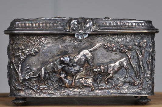 Antique Silverplated Boar Hunting Box - Trinket/Jewelry Box - Treasure Chest - Purple Mesh Inside
