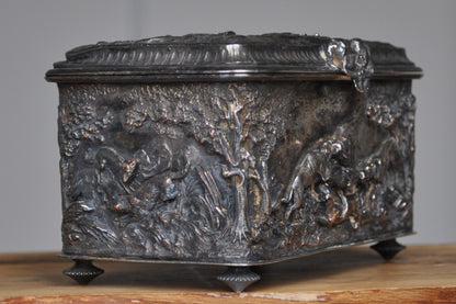 Antique Silverplated Boar Hunting Box - Trinket/Jewelry Box - Treasure Chest - Purple Mesh Inside