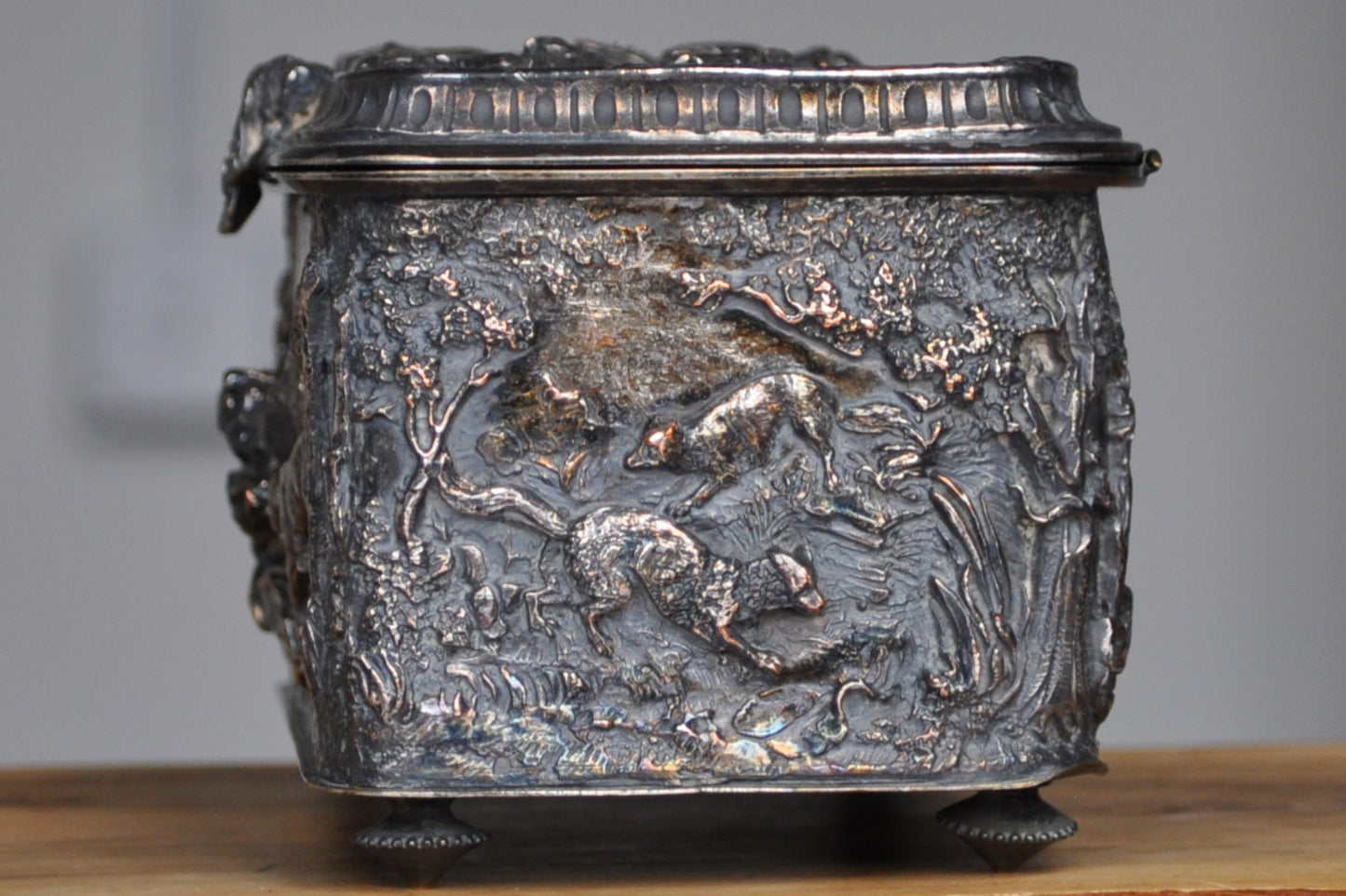 Antique Silverplated Boar Hunting Box - Trinket/Jewelry Box - Treasure Chest - Purple Mesh Inside